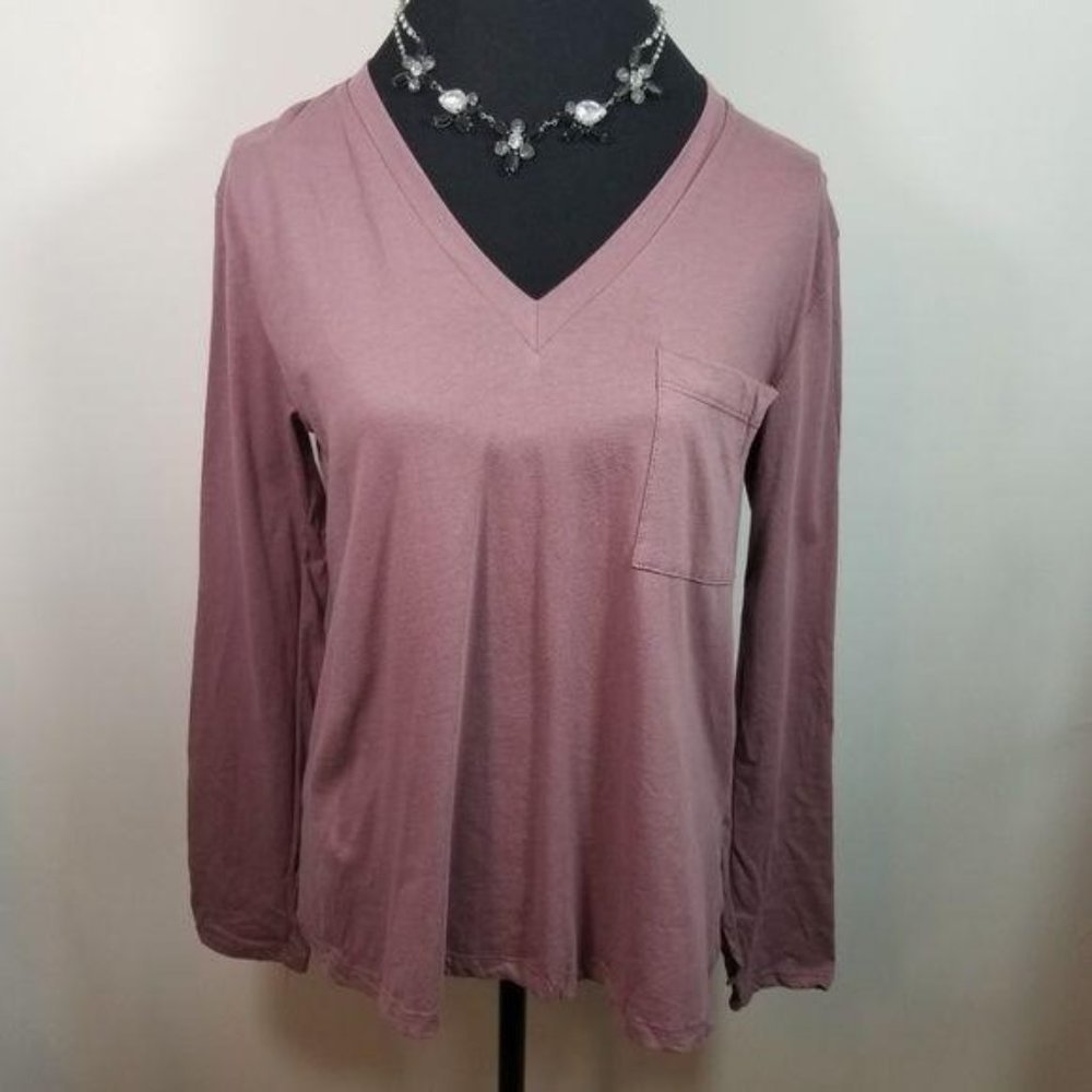 Lush Shirt S Purple Long Sleeve Pocket V Neck Top